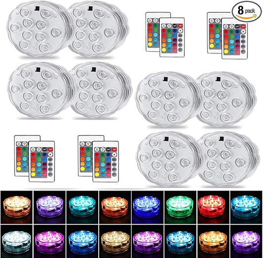 [8-Pack] Submersible Led Lights with Remotes,Kinhon Waterproof Submersible Lights Battery Operated,Underwater Pond Lights RGB Multi-Color Pool Lights for Founttain,Pond,Garden,Wedding,Shower