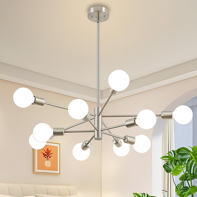 Sputnik Chandelier Modern Brushed Nickel Chandeliers Mid Century Ceiling Lighting Fixture for Living Room, Kitchen, Bedroom, Dining Room, and Farmhouse (10-Light)