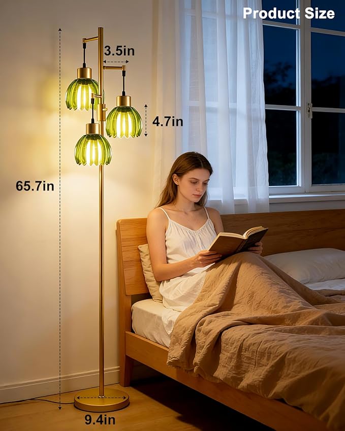Lightdot 65'' Glass Floor Lamp Dimmable Gold Floor Lamps with Green Lotus Glass Shade& 3000K Bulbs Included 3-Lights Modern Tall Standing Lamp for Living Room/Bedroom/Sofa Beside/Corner Decor