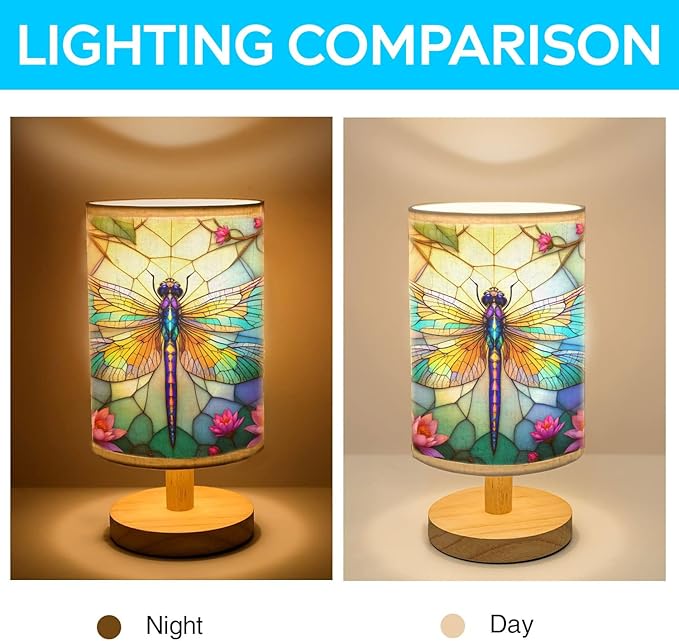 Dragonfly Table Lamp LED 3-Color Pressed Bedside, Dragonfly Shade Lamp with Wood Base for Bedroom Living Room Desk Office TL01