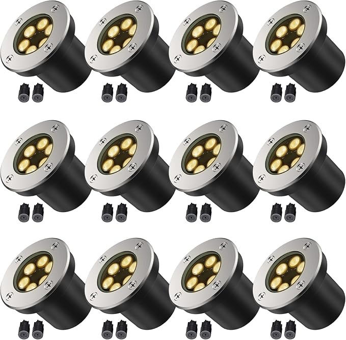 JESLED Low Voltage Landscape Lights, 6W LED Well Lights IP67 Waterproof, 3000K Warm White In-Ground Lights with Wire Connectors for Pathway, Deck, Patio, Yard, Garden (12 Pack)