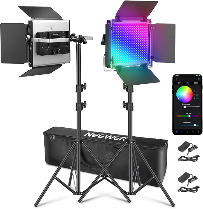 NEEWER Upgraded 660 PRO II RGB LED Video Light with App Control & Tripod Stand Kit, 2 Pack 50W/1% Min Dimming/CRI97+/3200~5600K Key Lighting for Game Streaming YouTube Recording Studio Photography