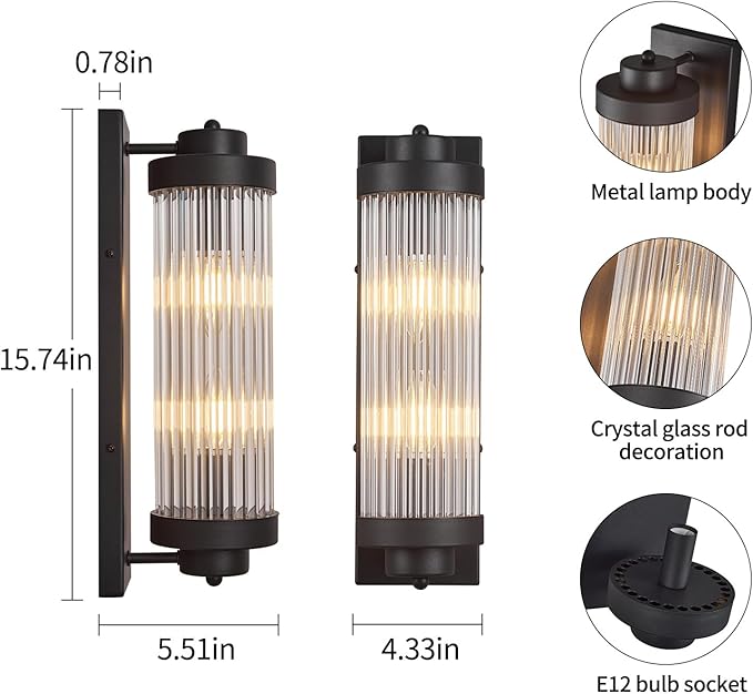 Black Wall Sconces with Crystal Glass Strip Bathroom Sconces Modern Wall Lights for Bedroom Living Room Hallway Wall Light Fixtures, 2 Light E12 Base