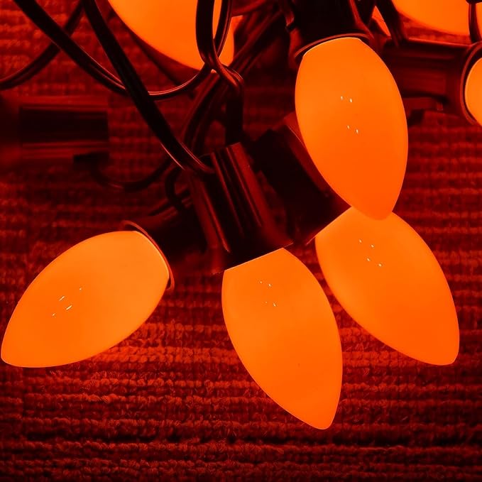 SUNSGNE 25 Pack C9 Orange Outdoor Halloween Night Light Bulbs, C9 Christmas Tree Lights for Indoor Outdoor Patio Strings, E17/C9 Intermediate Base, 7 Watt, Ceramic Orange