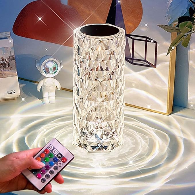 Can Switch 16 Colors Artificial Crystal Table Lamp, RGB Color Changing Rose Diamond Design with Remote Control USB Charging Touch Sensor Ambient Lighting for Living Room Party (16 Colors-Large)