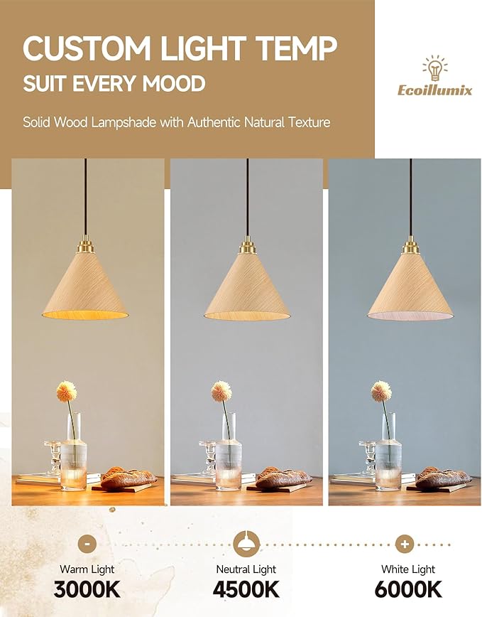 1 Pack Wood Pendant Lights Kitchen Island, 8.3” Small Pendant Light, Adjustable Gold Height Kitchen Hanging Light, Nordic Island Lights for Dining Room, Bedroom, Hallway, Bar(Natural Wood)