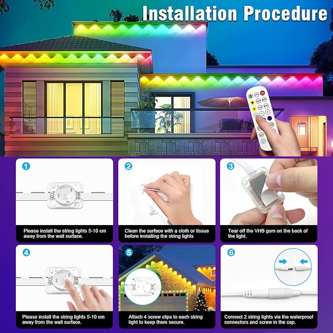 Permanent Outdoor Lights, Smart RGB+IC House Outdoor Decor Lights, 75 Scene Modes with APP&Remote Control, IP67 Waterproof for Halloween, Christmas, Holiday Decor House Roof Lighting