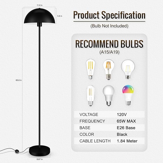 Modern Floor Lamps for Living Room, Black Metal Mushroom Lamp, 66" Tall Corner Lamp, Footswitch, Bright Industrial Standing Lamps for Bedroom Nursery, Mid Century Modern Home Decor(E26 Base, NO BULB)