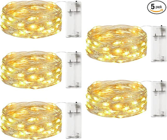 5 Pack Fairy Lights Battery Operated, 7FT 20LED String Lights with Timer Waterproof Silver Wire Fairy Lights Battery Powered Twinkle Lights for Bedroom Christmas Wedding Indoor Party Decor Warm White