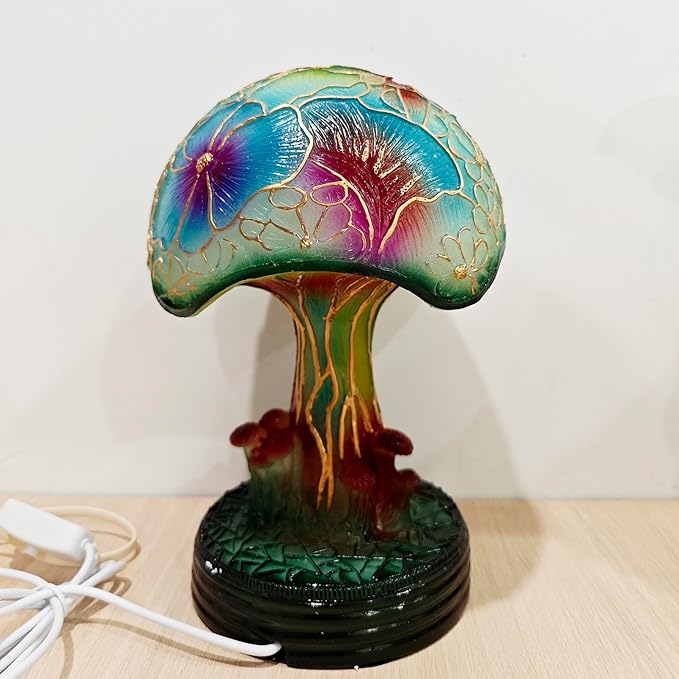 Painting Mushroom Table Lamp, 7.9Inch New Stained Glass Plant Night Light,Bohemian Resin Mushroom Decorative Bedside Lamp for Bedroom Living Room Home Office Decor Gift (M)