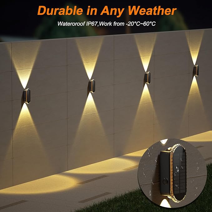 Ellasay Fence Lights Solar Powered: 2 Pack Solar Wall Lights Outdoor Up and Down IP67 Waterproof - 3 Colors Modes Brighter LED Lens Solar Lights Dusk to Dawn 12h for Backyard/Porch/Railing/Balcony
