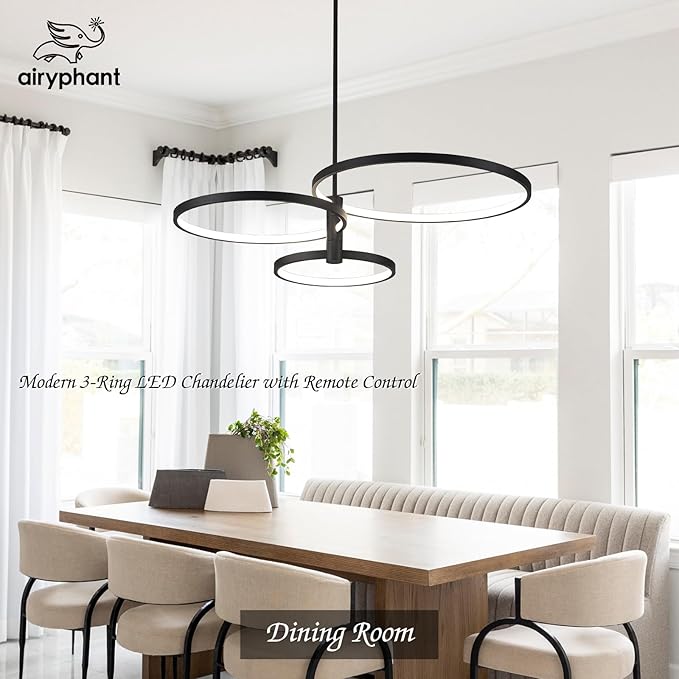 Modern LED Chandelier, 3-Ring Black Chandeliers for Dining Room Contemporary Flush Mount Chandelier Light Pendant Light Fixture for Kitchen Island Closet Living Room Bedroom