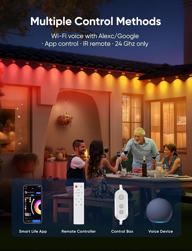 Smart Permanent Outdoor Lights, RGB with IC + White(6000K), Under-Eave Lighting, 100ft/72 LEDs/IP67 Light / IP65 Controller, 111+ Scenes, Music Sync, Alexa/Google, Wi-Fi/Voice/Remote Control