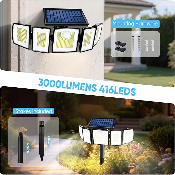 Solar Lights Outdoor Waterproof Motion Sensor - 416 LEDs 3000 Lumens Super Bright 3 Brightness 3 Modes 2400mAh 360° Illumination 32ft Solar Flood Security Light for Outside (with Stakes, 2)