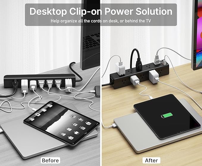 CCCEI Standing Desk Clamp Power Strip with 15 Outlets, Widely Spaced Desktop Edge Mount Surge Protector Outlet, Fast Charging USB-A and USB-C Ports, 15 FT Flat Plug, Black Fit 1.6 inch Table top.