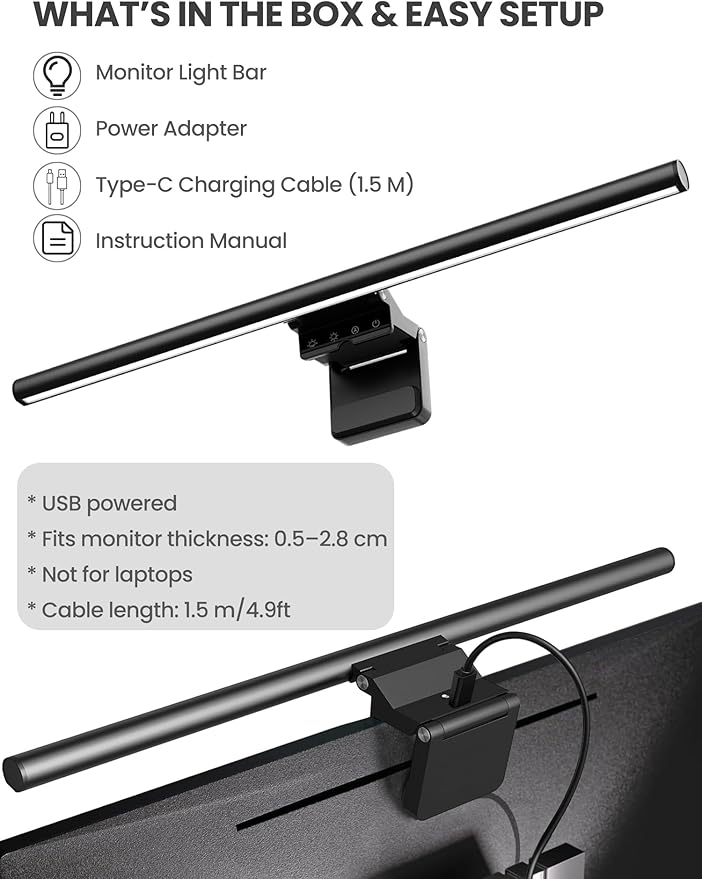 Monitor Light Bar 19.7”, No-Glare Asymmetric Screen Lamp, Auto-Dimming, CRI Ra97, 2700K–6500K & Stepless Dimming, Touch Control, Includes 5V/2A Adapter, Fits 0.2–1.1” Monitors (Not for Laptops)