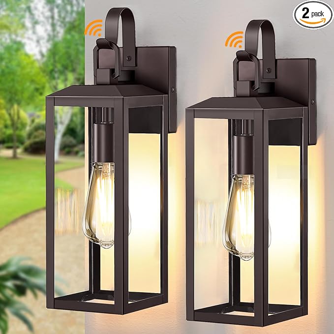 16'' Large Dusk to Dawn Outdoor Lighting 2 Packs, Modern Outdoor Lanterns for Porch, Waterproof Exterior Light Fixture Wall Sconces Lamps, Outside Lights for House Patio, Garage, Farmhouse, Brown