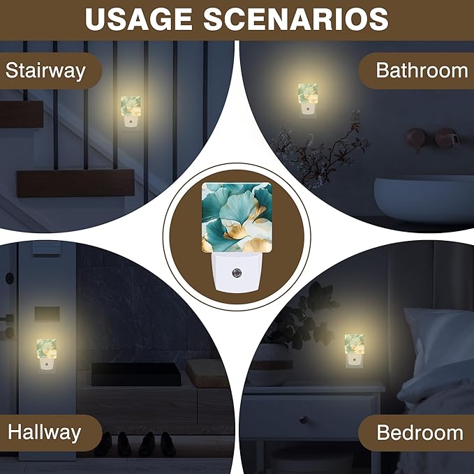 Night Light Green and Gold Ginkgo Leaves Night Lights Plug into Wall Smart Dusk to Dawn Sensor 0.5W Energy Efficient Led Lamp for Men Women Bedroom Bathroom Hallway Stairway Decor