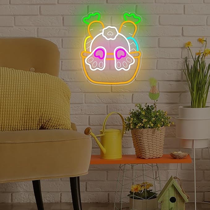 Easter Neon Sign for Wall Decor Easter Bunny Basket Neon Light Egg Led Sign Easter Decorations Dimmable Carrot Rabbit Light Up Signs for Window Party Gifts Bedroom Holiday Spring Bar Home Business