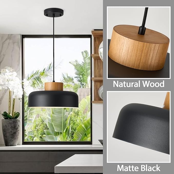 Modern Farmhouse Pendant Lights, 12.6 inch,Natural Wood Cap, Small Simple Ceiling Light Fixture for Kitchen Island, Dining Area, Matte Black