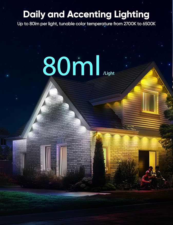 APPECK Permanent Outdoor Lights Pro 200ft, 144W RGBCW Eaves Lights with 144 LED Lights, 80lm, Cuttable, 111 Scene Modes, IP67 Waterproof Lighting for Halloween Decoration, Work with Alexa, Black