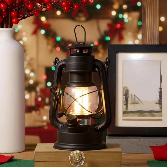 Hortsun 8 Pcs 8 Inch Vintage LED Hurricane Lantern Metal Black Outdoor Battery Operated Hanging Lantern with Warm LEDs and Dimmer Switch for Indoor Rustic Farmhouse Country Camping Decor