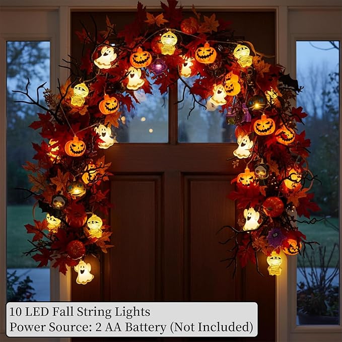 Halloween String Lights, 4.9Ft 10 LED Fall Fairy Lights Skull String Lights Halloween Decor Autumn Light Battery Optional 2 Flashing Modes Cute Lights 2026 Indoor Outdoor Decor for Home Yard Patio