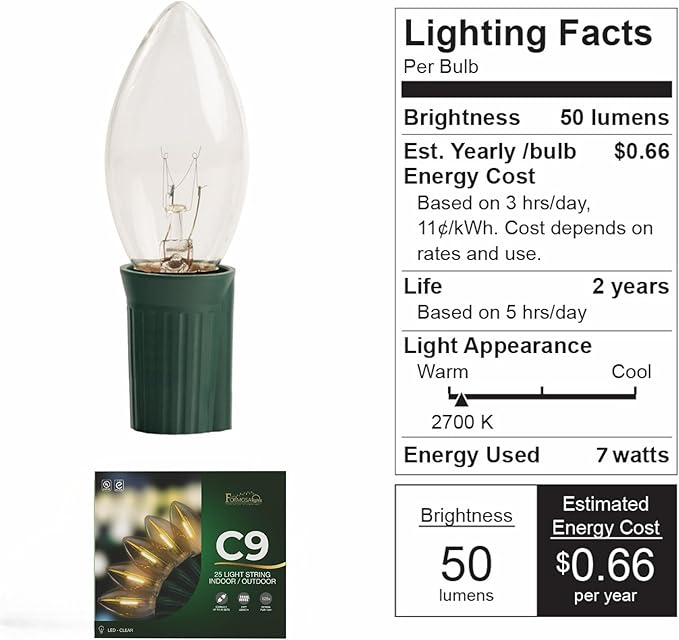 C9 26ft Indoor/Outdoor Clear Incandescent Christmas String Lights with 25 Bulbs and E17 Base | 120V, 7W