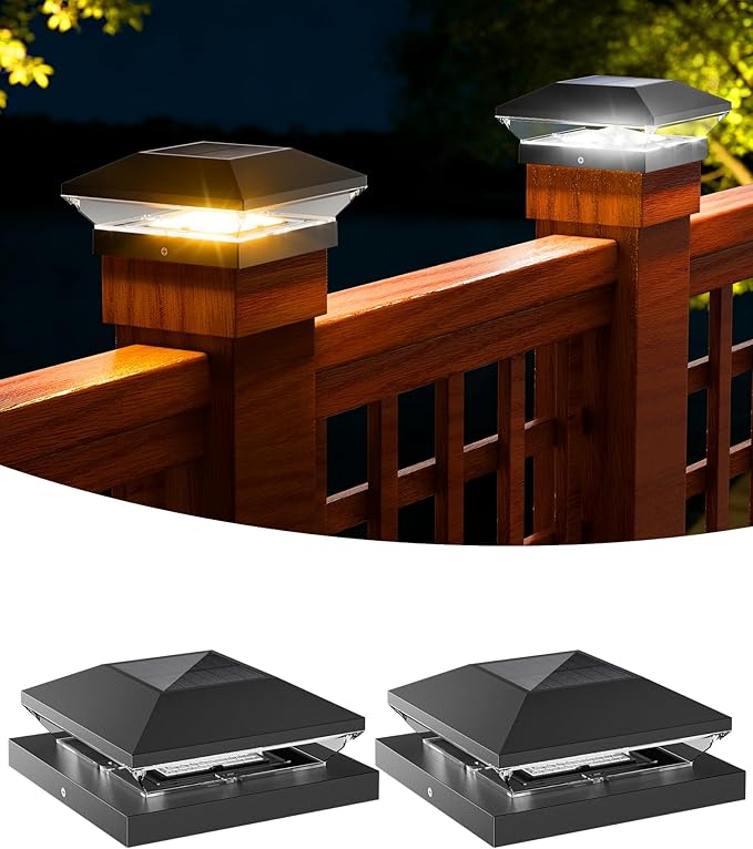 T-SUN Solar Post Cap Lights Outdoor 2 Pack, 2 Modes LED Fence Post Solar Lights Fit for 4x4 5x5 6x6 Vinyl/Wooden Posts, Waterproof Deck Post Lights Solar Powered for Garden Patio Gate Porch