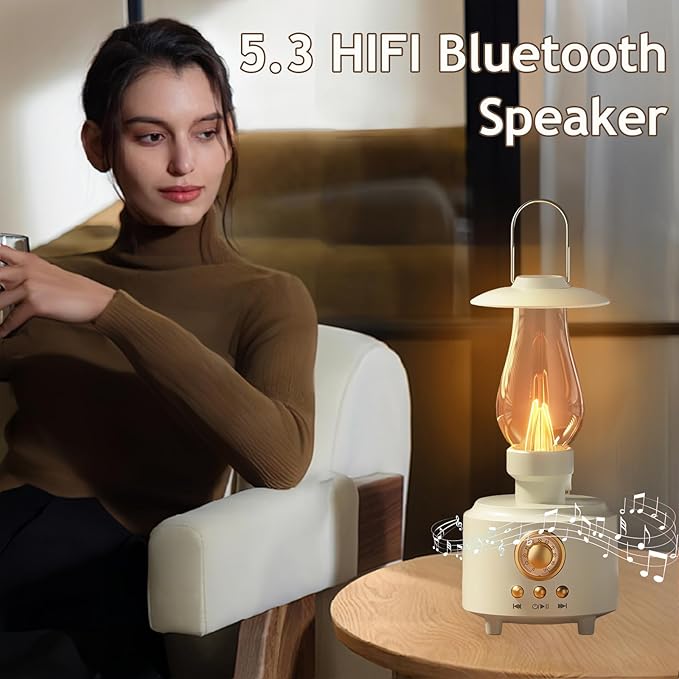 AVEKI Vintage Kerosene Table Lamp with Bluetooth Speaker, Infinitely Dimmable Rechargeable LED Lights for Bedroom, IPX4 Waterproof Bedside Lamps for Camping Party Holiday Home Decor Gift (White)