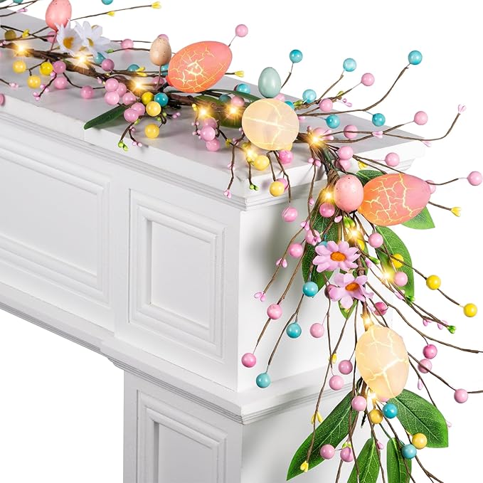 6 FT Pre-Lit Easter Garland with 20 LED Lights & 8 Mode Timer, Mixed Pastel Easter Pip Berry Spring Galand for Mantle Decorations, Lighted Artificial Easter Egg Garland for Fireplace Table Holiday