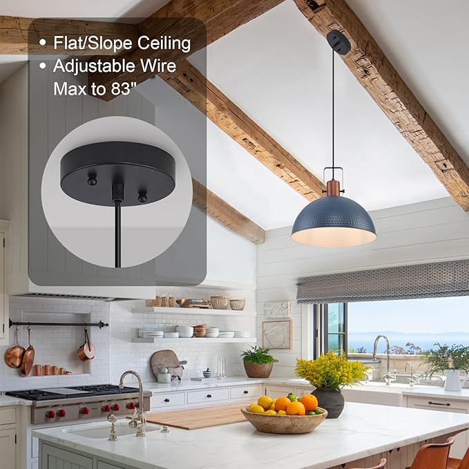 16 Inch Blue Pendant Lights Hammered Matte Pendant Lights for Kitchen Island Industrial Farmhouse Adjustable Height Dome Hanging Light Fixtures for Barn, Dining Room 1 Pack