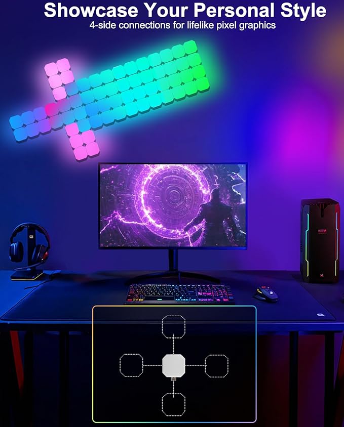 Hexagon LED Panel Lights 12PCS, Smart RGB IC Gaming Wall Lights DIY Panels Work with Alexa Google Assistant, Square Cube Sync with Music App Control for Gaming Setup Room Decor Bedroom TV Gamer Gifts