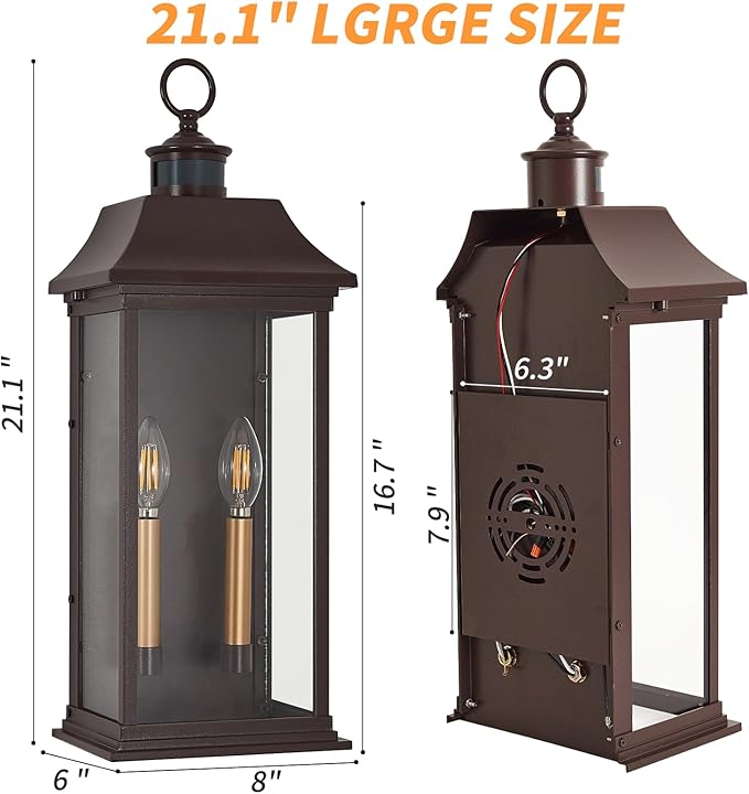 Dusk to Dawn Motion Sensor Outdoor Wall Lantern 2-Light,21.1" Large Exterior Wall Sconce Lighting,Modern Brown Wall Light Fixture with Glass, Waterproof Exterior Lamp for Patio, House, Porch, Garage