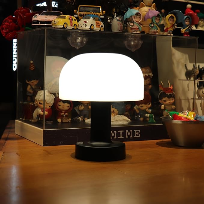 Small Mushroom Table Lamp, Cordless Night Light with 2600mAh Rechargeable Battery, Stepless Dimming Desk Lamp with 3 Colors for Bedroom/Patio/Living Room (Black-1)