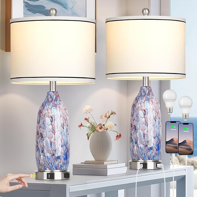 Coastal Lamps with USB A+C Ports & LED Night light, Unique Seashells Glass Table Lamps with Natural Fabric Shade, Modern Touch Control Beach Bedside Lamp for Living Room Bedroom Nightstand Navy Blue