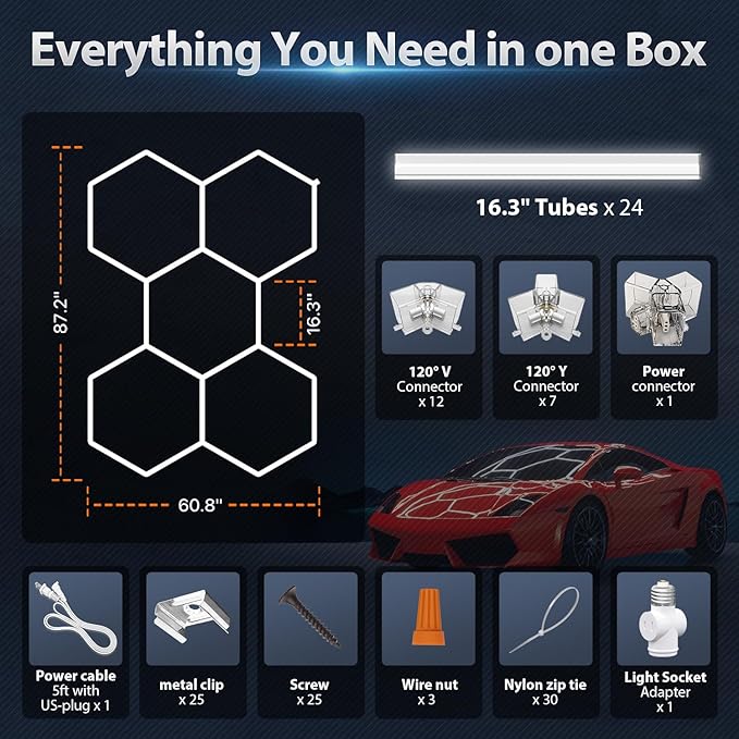 Hexagon Garage Lights: 168W 5 Grids LED Garage Lights - Easy Install 6500K Super Bright Honeycomb Light for Workshop Warehouse Car Detailing Shop Exhibition Hall Gym