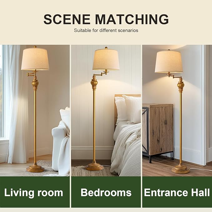 61" Vintage Floor Lamp | 350° Adjustable Swing Arm | Gold Standing Lamp | Mid Century Retro for Bedroom & Living Room