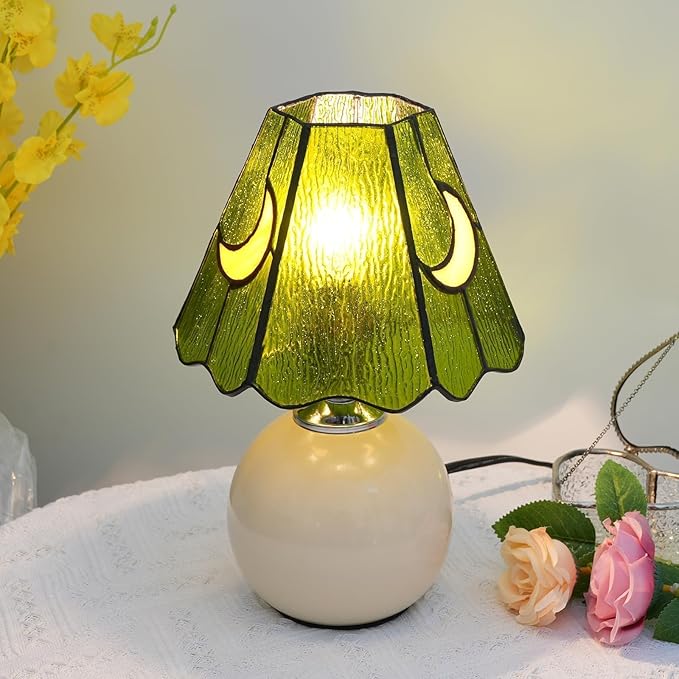 Mushroom Lamp Tiffany Lamp Stained Glass Table Lamp Moon Cute Small Bedside Lamps for Living Room Home Decor,Unique Aesthetic Home Living Room Decor Girls Women Birthday Day Gift,Green