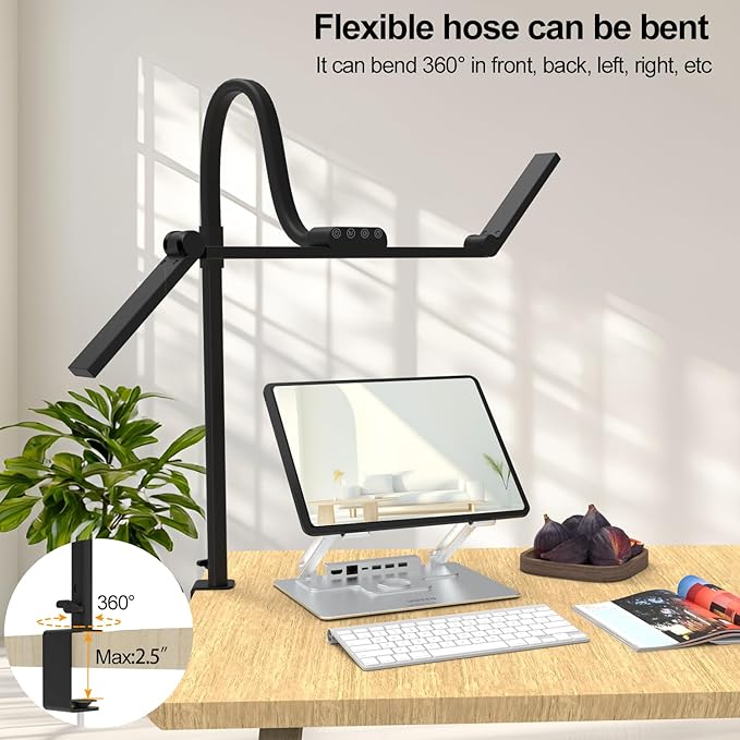 3 Light Bar Goose-Neck Architect Desk Lamp with Clamp, 24W Bright Led Tall Overhead Desk Light for Home Office,Eye Care Reading Table Light for Desktop Working,Drafting,Reading