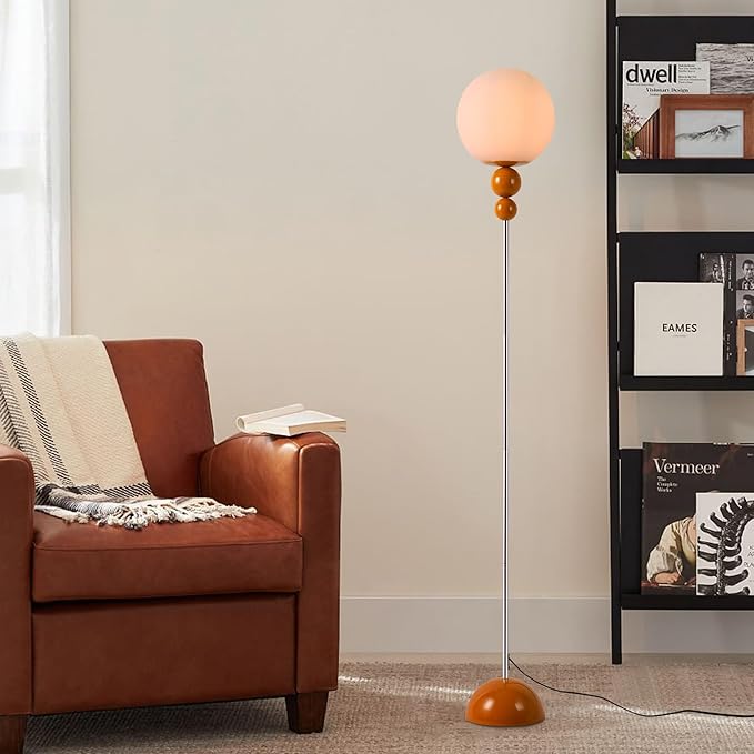 Modern Floor Lamps for Living Room, Globe Glass Shade Floor lamp for Bedroom, Standing lamp for Office, Corner(Orange)