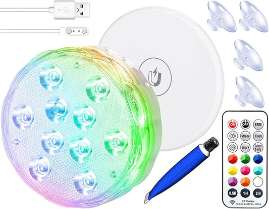 Rechargeable Submersible Pool Lights with Remote, Waterproof Underwater Charging Battery Operated Controlled 25 Color Changing LED with Magnet Floating Lights Pool Pond Decoration (1 Pack)