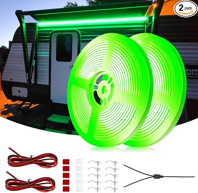 COB RV Awning Lights, 12V 32.8FT Camping Awning Light, IP68 Waterproof LED Lights, RV Exterior Strip Lights for Motorhome Travel Trailer Canopy Party, Stands Food Trucks (Green)
