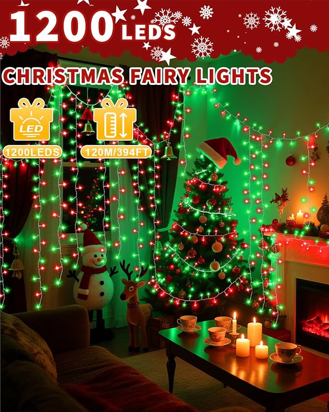1200 LED 403FT Christmas Lights String Outdoor Indoor, Red Green Xmas Tree Lights, Plug in Twinkle Fairy Light with Remote Timer Dimmable for Room Yard Holiday Party Wedding Camping Decor