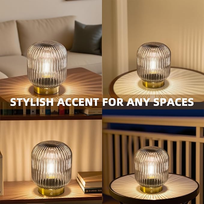 MJ PREMIER Rechargeable Table Lamp, Gray Glass Lamp with Memory Function, Small Cordless LED Lamp with Dimmable Brightness, Decorative Touch Lamps for Bedroom Living Room (Gray)