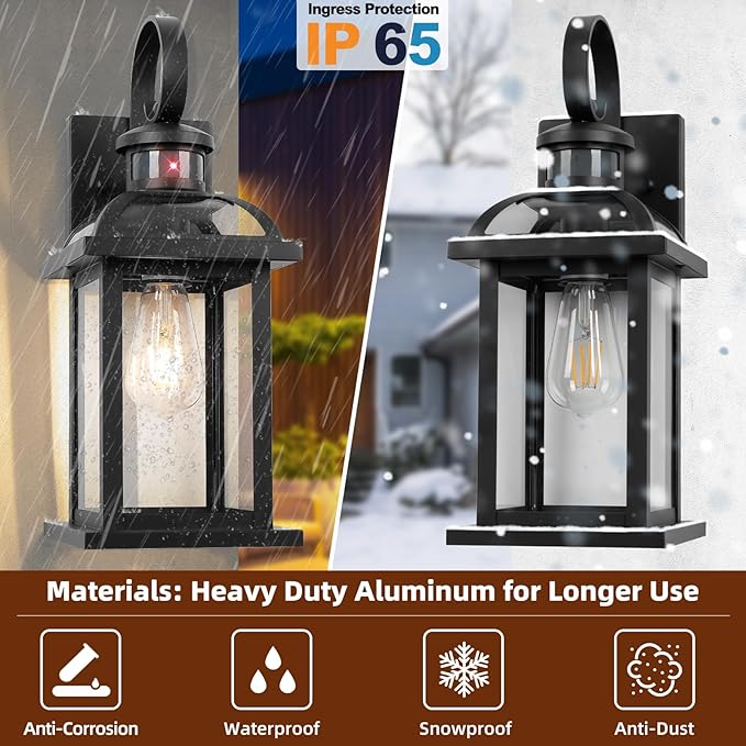 Matte Black Motion Sensor Outdoor Lighting Dusk to Dawn 2-Pack, Anti-Rust Aluminum Outdoor Light Wall Mounted House Exterior Light Fixture IP65 Waterproof Outside Wall Lantern Garage 16”