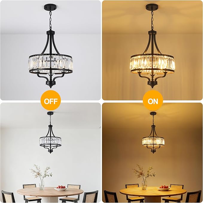 15.75 " Modern Black Crystal Chandelier,3-Light Farmhouse Dining Room Light Fixture Over Table Adjustable Height Hanging Industrial Pendant Lights Kitchen Island,Living Room Kitchen Island Entryway