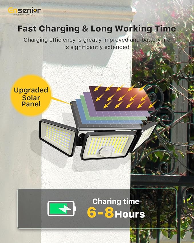 Ensenior Motion Sensor Outdoor Lights, 220 LED IP65 Waterproof Solar Security Light with Remote Control, 3 Heads Solar Flood Light Outdoor with 4 Modes, 270° Wide Angle Motion Light for Outside -3Pack