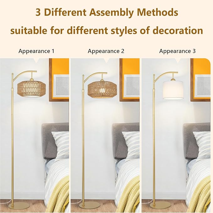 Arc Gold Floor Lamp with Remote and LED Bulb, Dimmable Floor Lamps for Living Room with Rattan and Fabric Shades, Boho Tall Lamp with 3 Color Temperatures, Corner Standing Lamps for Bedroom