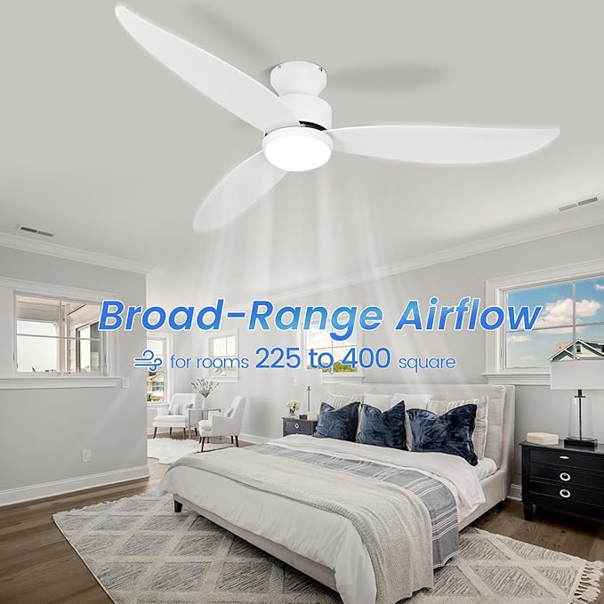 White 52 inch Ceiling Fans with Lights and Remote, 3 Blade Modern Low Profile Ceiling Fan, 6 Speeds Quiet Reversible DC Motor, 3 Color Dimmable LED Light for Bedroom Living Room Indoor Patio White